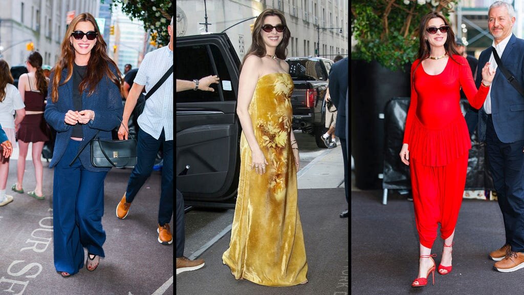 Anne Hathaway — looks de maternidad en colores primarios