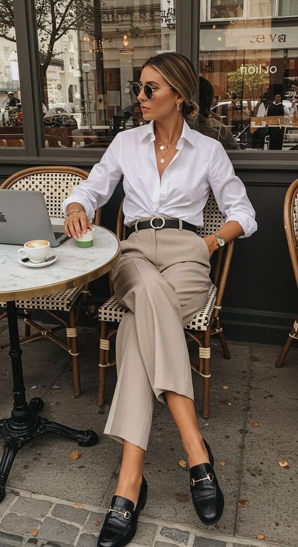Look neutro: camisa blanca y falda camel