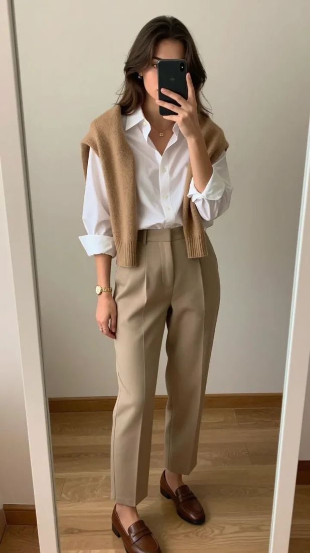 Look neutro: camisa blanca y pantalón camel