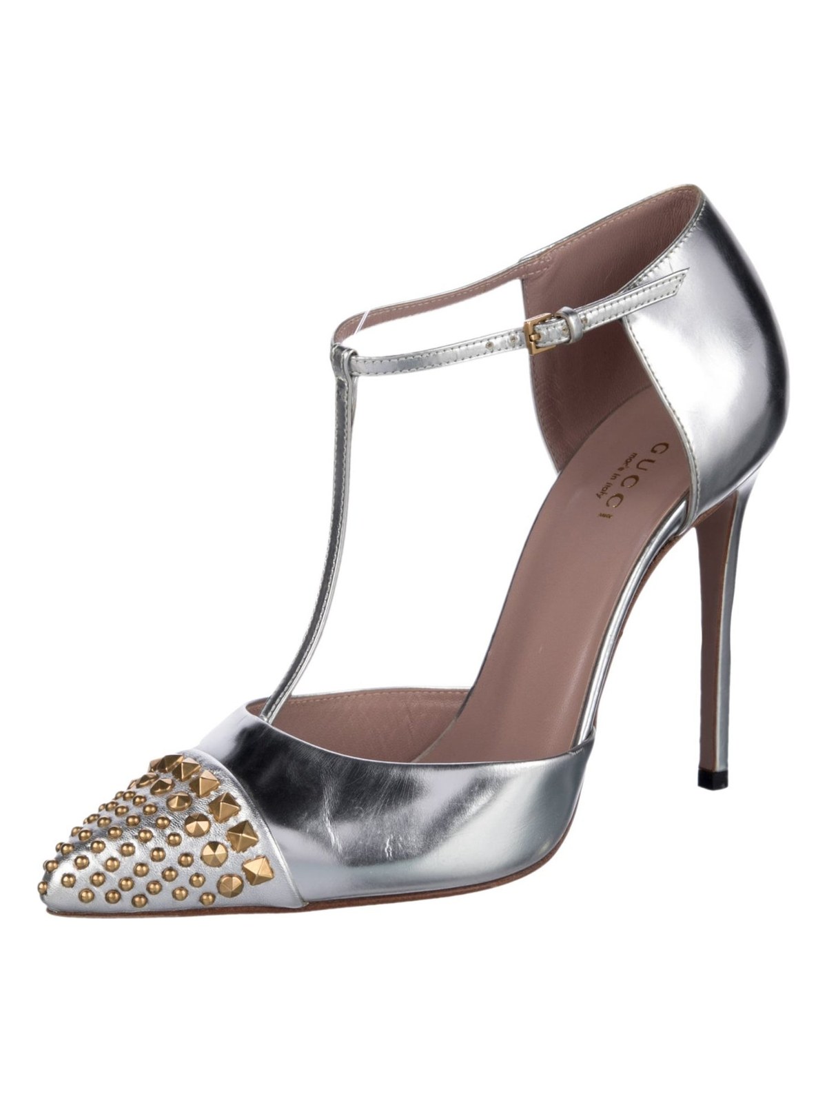 Coline Studded Cap-Toe T-Strap Pumps, Gucci
