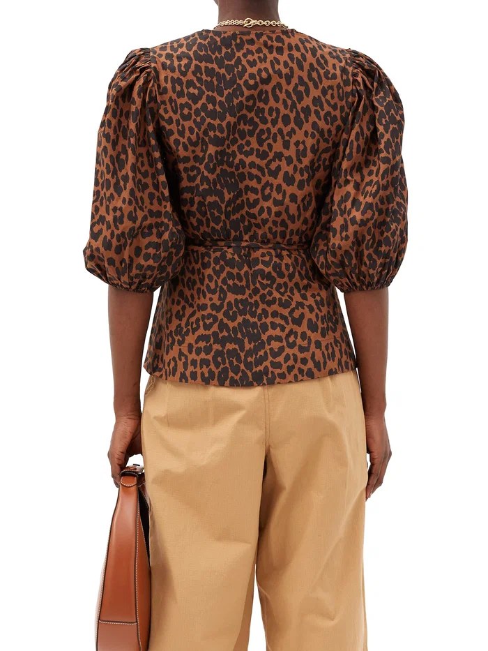 Poplin Wrap V-Neck Puff Sleeve Blouse, Ganni