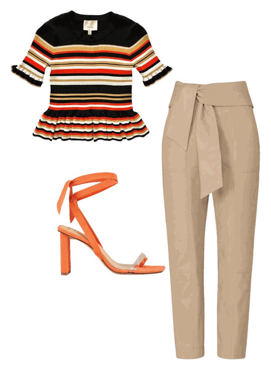 El look completo: top de rayas, pantalón de piel camel y sandalia naranja